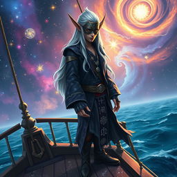 A masked male astral elf pirate, standing on the deck of a fantastical ship sailing through a cosmic nebula