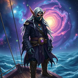 A masked male astral elf pirate, standing on the deck of a fantastical ship sailing through a cosmic nebula