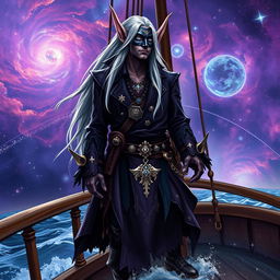 A masked male astral elf pirate, standing on the deck of a fantastical ship sailing through a cosmic nebula