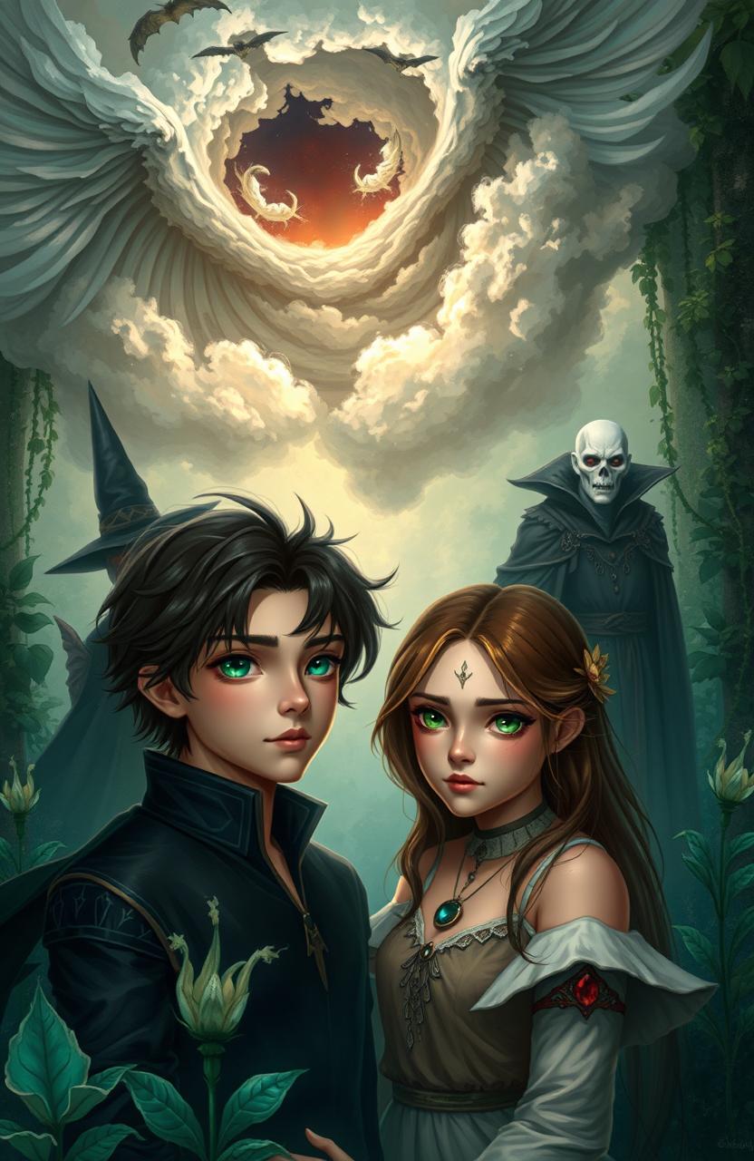 A fantastical scene in the Garden of Oblivion featuring a main couple: a dark-haired boy with striking green eyes and a fair-skinned girl
