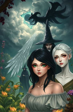 A fantastical scene in the Garden of Oblivion featuring a main couple: a dark-haired boy with striking green eyes and a fair-skinned girl