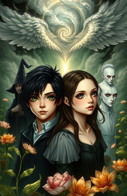 A fantastical scene in the Garden of Oblivion featuring a main couple: a dark-haired boy with striking green eyes and a fair-skinned girl