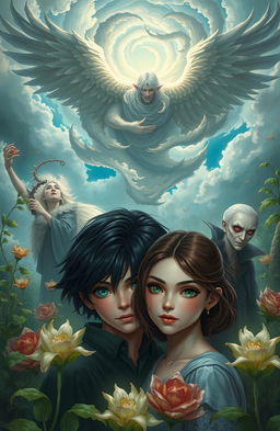 A fantastical scene in the Garden of Oblivion featuring a main couple: a dark-haired boy with striking green eyes and a fair-skinned girl