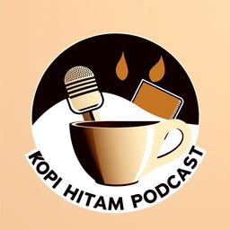 Logo design for 'KOPI HITAM PODCAST' featuring a microphone, a coffee cup, and a book integrated creatively in the logo