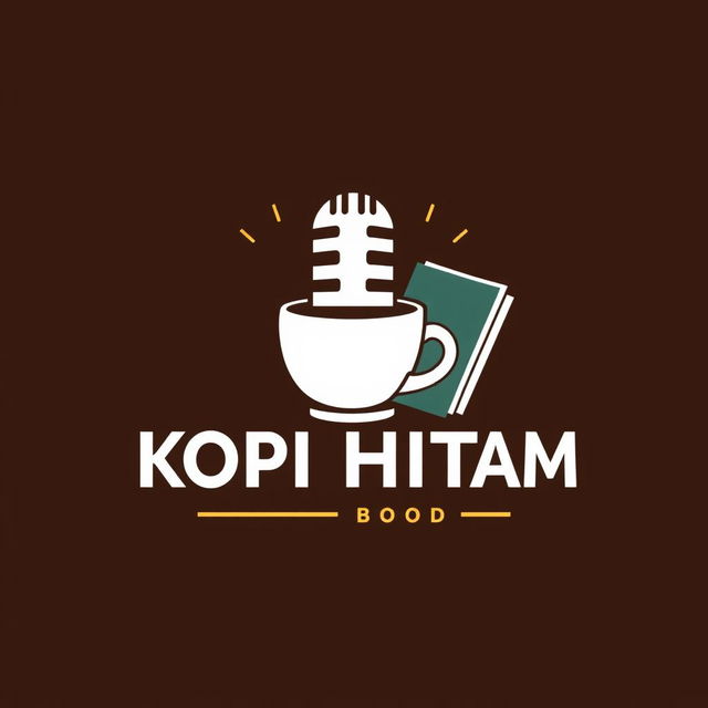 Logo design for 'KOPI HITAM PODCAST' featuring a microphone, a coffee cup, and a book integrated creatively in the logo