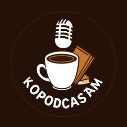 Logo design for 'KOPI HITAM PODCAST' featuring a microphone, a coffee cup, and a book integrated creatively in the logo