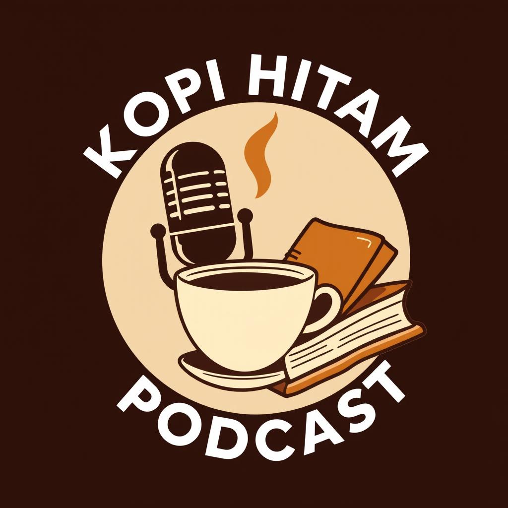 Logo design for 'KOPI HITAM PODCAST' featuring a microphone, a coffee cup, and a book integrated creatively in the logo