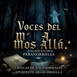 A captivating book cover design for a paranormal investigation theme featuring ancient documents and eerie visuals