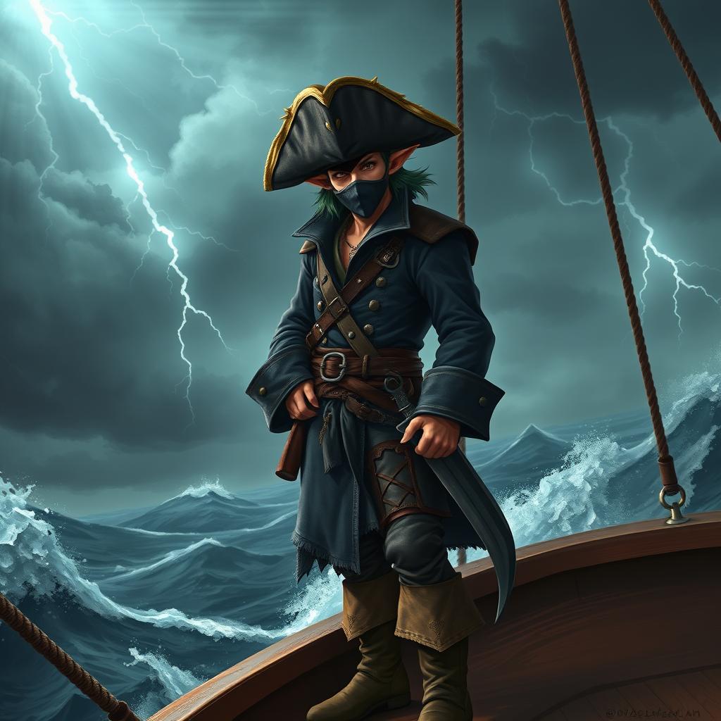 A masked male elf pirate, standing confidently on the bow of an elegant pirate ship gliding through turbulent seas