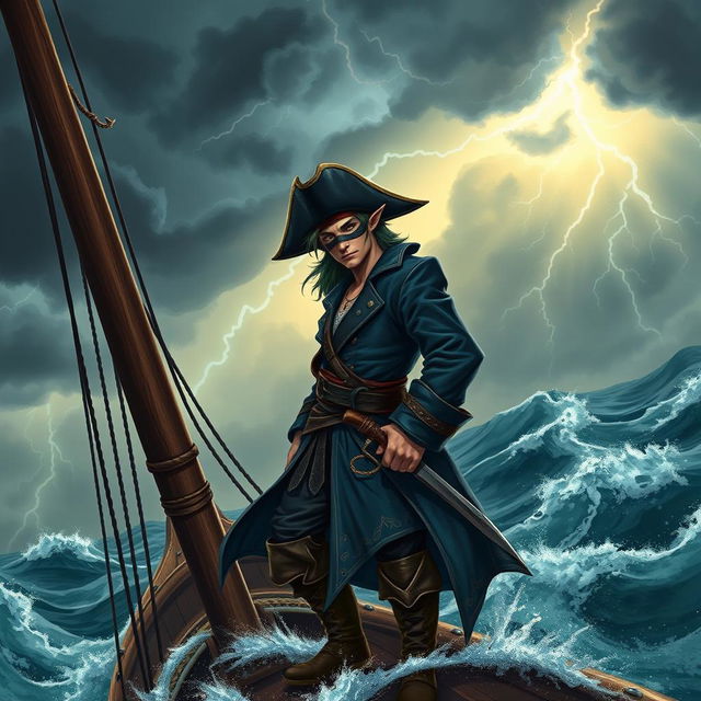 A masked male elf pirate, standing confidently on the bow of an elegant pirate ship gliding through turbulent seas