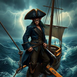 A masked male elf pirate, standing confidently on the bow of an elegant pirate ship gliding through turbulent seas
