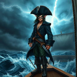 A masked male elf pirate, standing confidently on the bow of an elegant pirate ship gliding through turbulent seas
