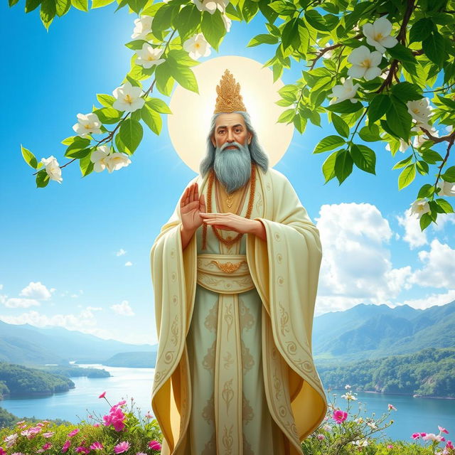 A divine figure representing a religious leader, surrounded by a radiant aura, standing in a serene landscape filled with lush greenery and blooming flowers under a bright blue sky