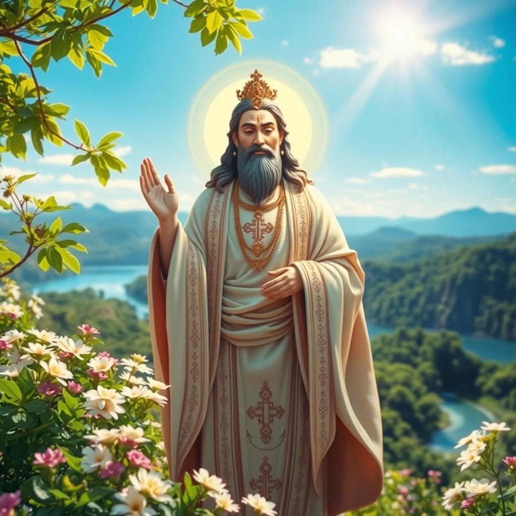 A divine figure representing a religious leader, surrounded by a radiant aura, standing in a serene landscape filled with lush greenery and blooming flowers under a bright blue sky