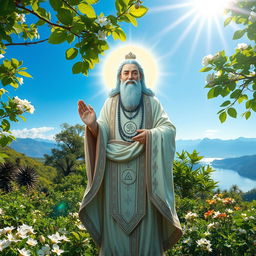 A divine figure representing a religious leader, surrounded by a radiant aura, standing in a serene landscape filled with lush greenery and blooming flowers under a bright blue sky