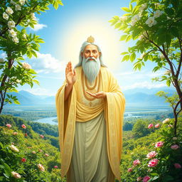 A divine figure representing a religious leader, surrounded by a radiant aura, standing in a serene landscape filled with lush greenery and blooming flowers under a bright blue sky