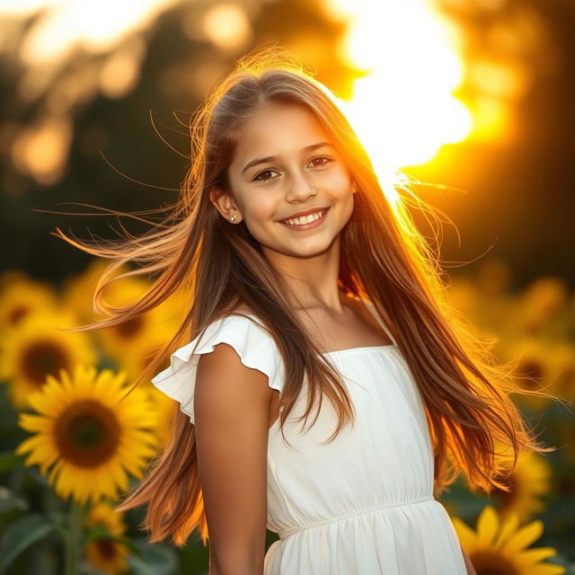 A girl with long hair, standing in a beautiful sunflower field during golden hour, her hair flowing gracefully in the breeze, wearing a white summer dress