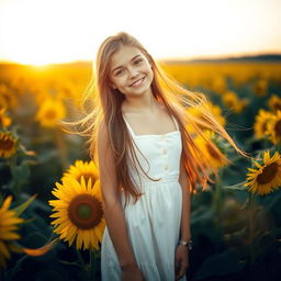 A girl with long hair, standing in a beautiful sunflower field during golden hour, her hair flowing gracefully in the breeze, wearing a white summer dress