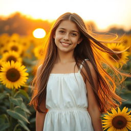 A girl with long hair, standing in a beautiful sunflower field during golden hour, her hair flowing gracefully in the breeze, wearing a white summer dress