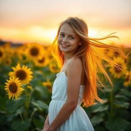 A girl with long hair, standing in a beautiful sunflower field during golden hour, her hair flowing gracefully in the breeze, wearing a white summer dress