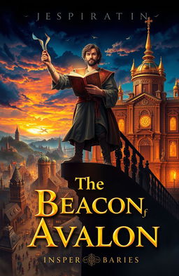 A dramatic and hopeful book cover scene featuring Aaron standing tall on a balcony of a grand palace, which is rebuilt and adorned with shining golden spires