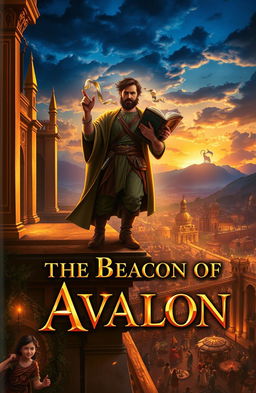 A dramatic and hopeful book cover scene featuring Aaron standing tall on a balcony of a grand palace, which is rebuilt and adorned with shining golden spires