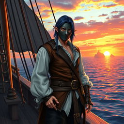 A male elf pirate with a masked face, standing boldly on the deck of a majestic pirate ship