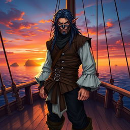 A male elf pirate with a masked face, standing boldly on the deck of a majestic pirate ship