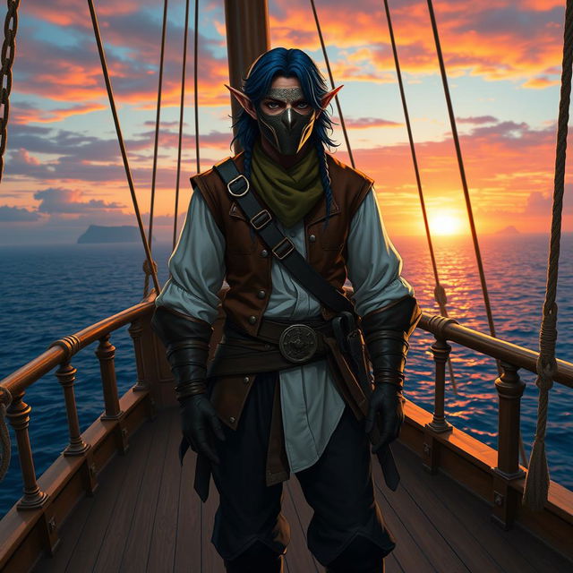 A male elf pirate with a masked face, standing boldly on the deck of a majestic pirate ship