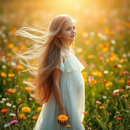 A beautiful girl with long flowing hair, standing in a sunlit meadow filled with colorful wildflowers, her hair gently blowing in the breeze, wearing a flowing white dress that adds to the enchanting atmosphere, with a serene expression on her face as she gazes into the distance