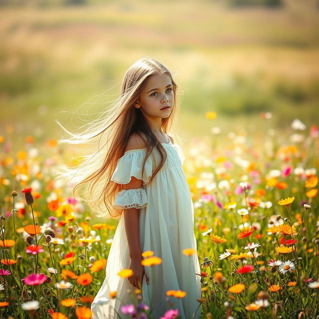 A beautiful girl with long flowing hair, standing in a sunlit meadow filled with colorful wildflowers, her hair gently blowing in the breeze, wearing a flowing white dress that adds to the enchanting atmosphere, with a serene expression on her face as she gazes into the distance