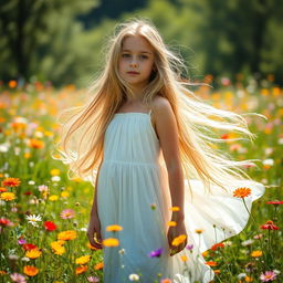 A beautiful girl with long flowing hair, standing in a sunlit meadow filled with colorful wildflowers, her hair gently blowing in the breeze, wearing a flowing white dress that adds to the enchanting atmosphere, with a serene expression on her face as she gazes into the distance