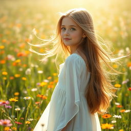 A beautiful girl with long flowing hair, standing in a sunlit meadow filled with colorful wildflowers, her hair gently blowing in the breeze, wearing a flowing white dress that adds to the enchanting atmosphere, with a serene expression on her face as she gazes into the distance