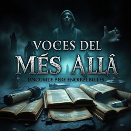 A captivating book cover design for a paranormal investigation theme, featuring ancient documents and mysterious elements