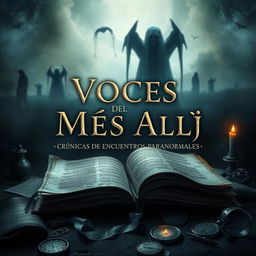 A captivating book cover design for a paranormal investigation theme, featuring ancient documents and mysterious elements