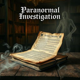 A captivating book cover design for a paranormal investigation theme, showcasing a mysterious old document on a weathered wooden table