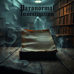 A captivating book cover design for a paranormal investigation theme, showcasing a mysterious old document on a weathered wooden table