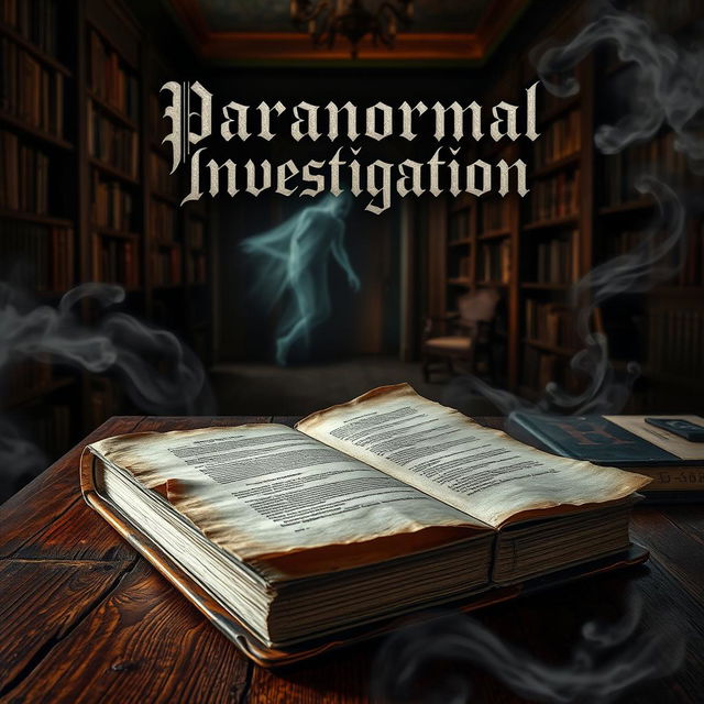 A captivating book cover design for a paranormal investigation theme, showcasing a mysterious old document on a weathered wooden table