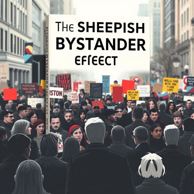 A thought-provoking book cover design for the title 'The Sheepish Bystander Effect'