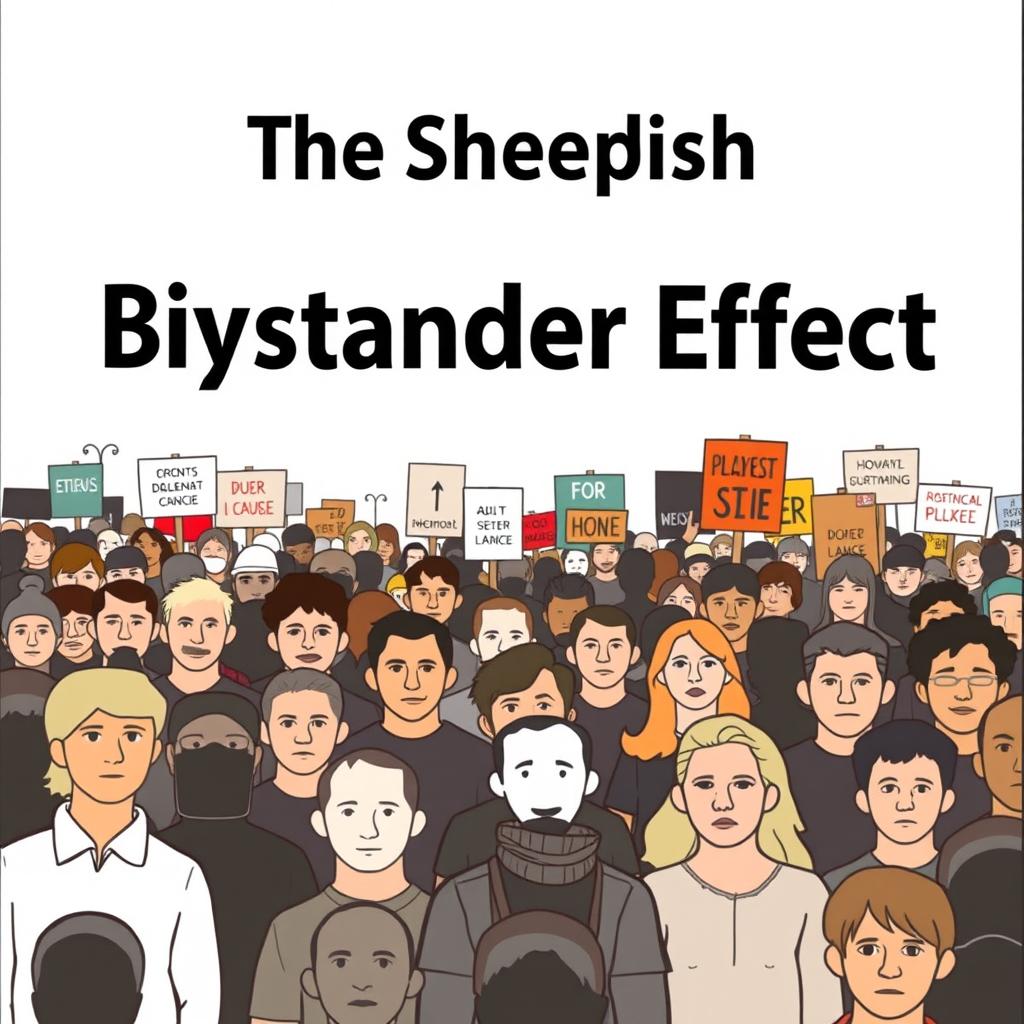 A thought-provoking book cover design for the title 'The Sheepish Bystander Effect'