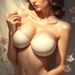 A beautiful and artistic depiction of a young woman with large breasts, posed in an elegant and tasteful manner