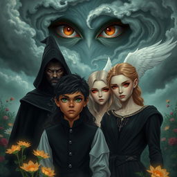 A captivating scene in the Garden of Oblivion featuring a main couple: a dark-skinned boy with vibrant green eyes and a fair-skinned girl