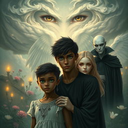 A captivating scene in the Garden of Oblivion featuring a main couple: a dark-skinned boy with vibrant green eyes and a fair-skinned girl