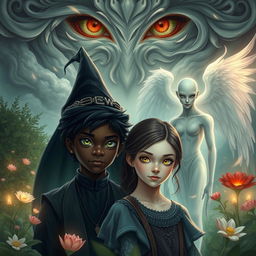 A captivating scene in the Garden of Oblivion featuring a main couple: a dark-skinned boy with vibrant green eyes and a fair-skinned girl