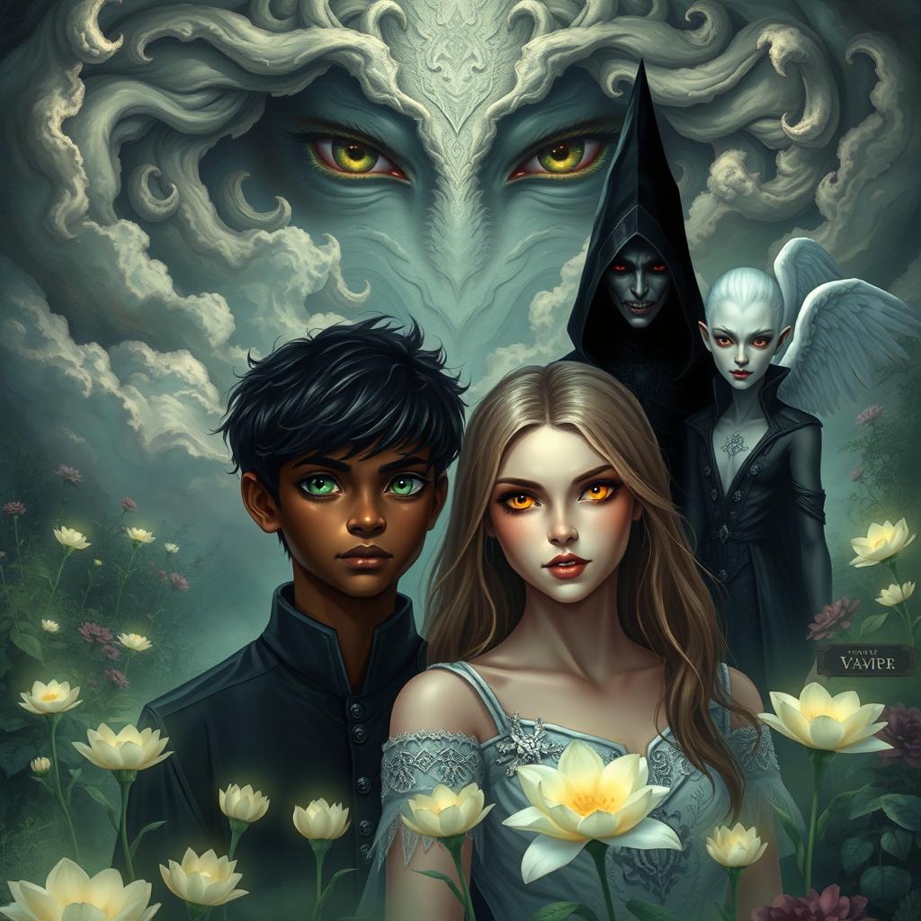 A captivating scene in the Garden of Oblivion featuring a main couple: a dark-skinned boy with vibrant green eyes and a fair-skinned girl
