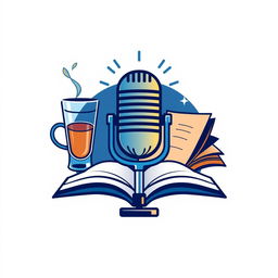 A modern logo combining a microphone, a steaming glass, and an open book