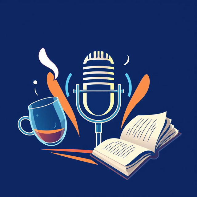 A modern logo combining a microphone, a steaming glass, and an open book