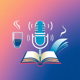 A modern logo combining a microphone, a steaming glass, and an open book