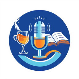A modern logo combining a microphone, a steaming glass, and an open book