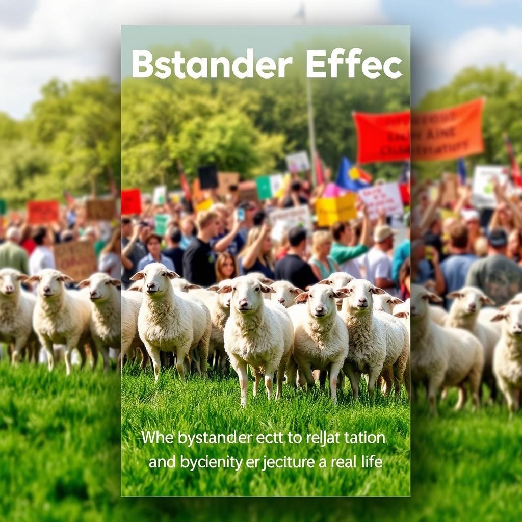 A creative and visually engaging book cover design for the title 'Bystander Effect', represented through the metaphor of sheep